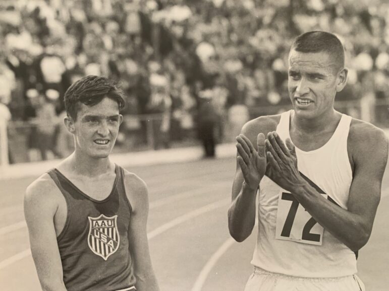 The photo finish of the 1965 six-mile world record, with Billy Mills (right) leaning to beat Gerry Lindgren (left).