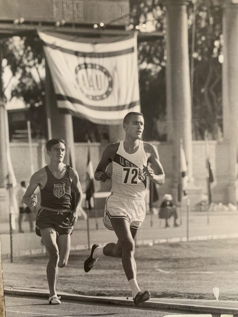 Billy Mills leads Gerry Lindgren during the 1965 AAU National Championships six-mile race, where they set a world record.