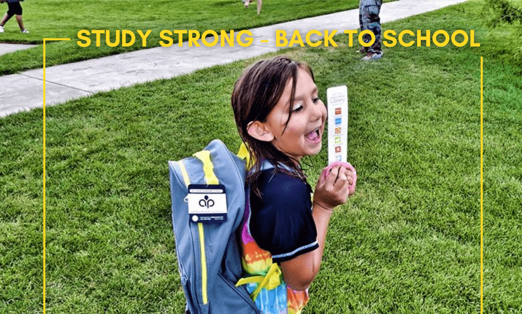 Native American child with a backpack in the 'Study Strong' back-to-school initiative.