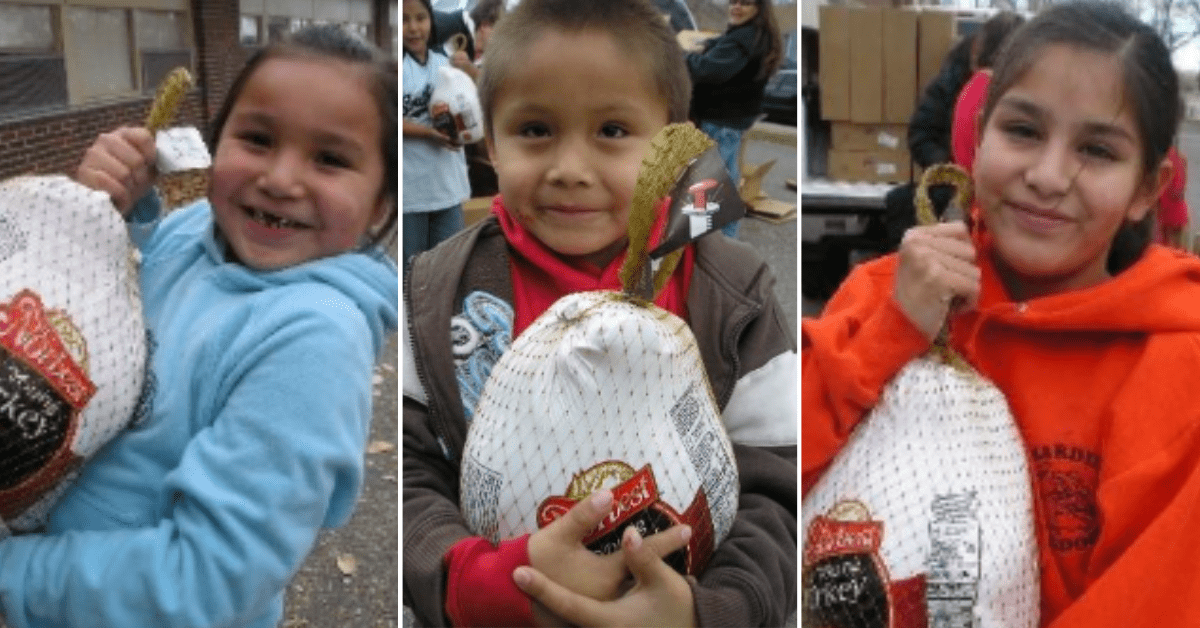 Children receiving holiday turkeys in Native communities