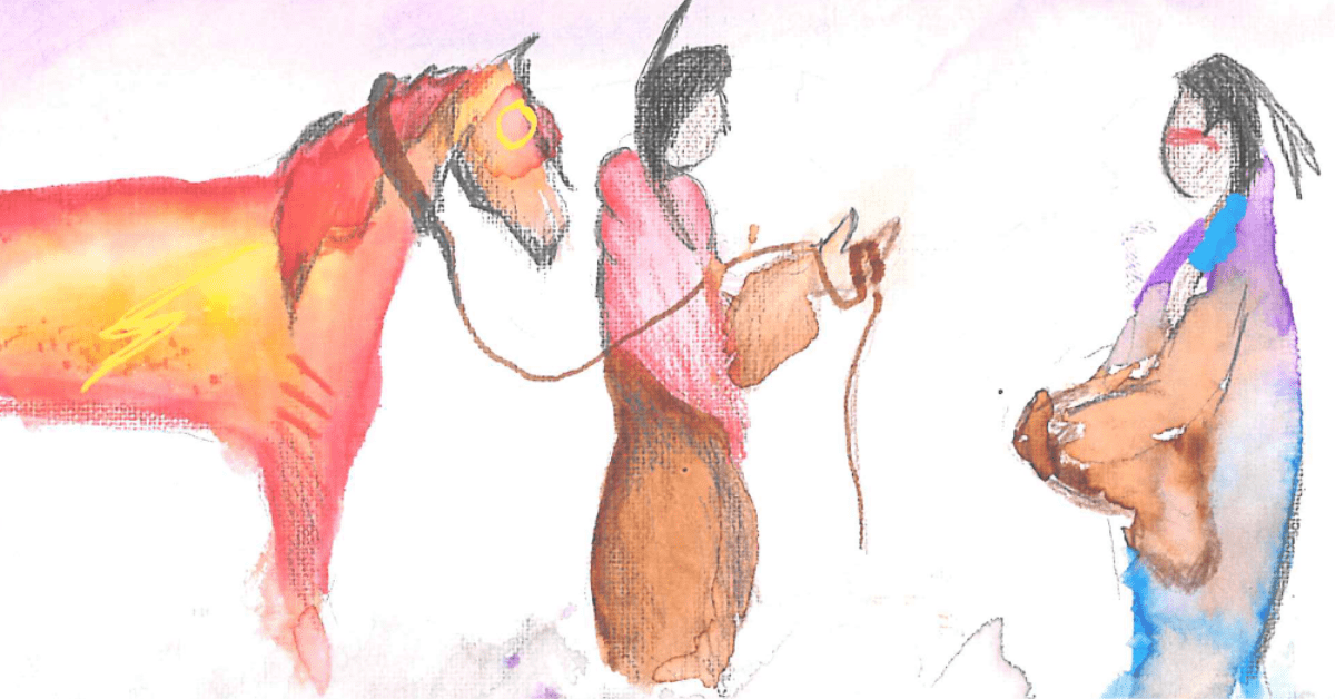 Watercolor Exchange Between Two Figures and a Horse