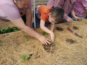 A Native American woman is helping a young boy learn how to plant crops in an effort to transform Native American food deserts.