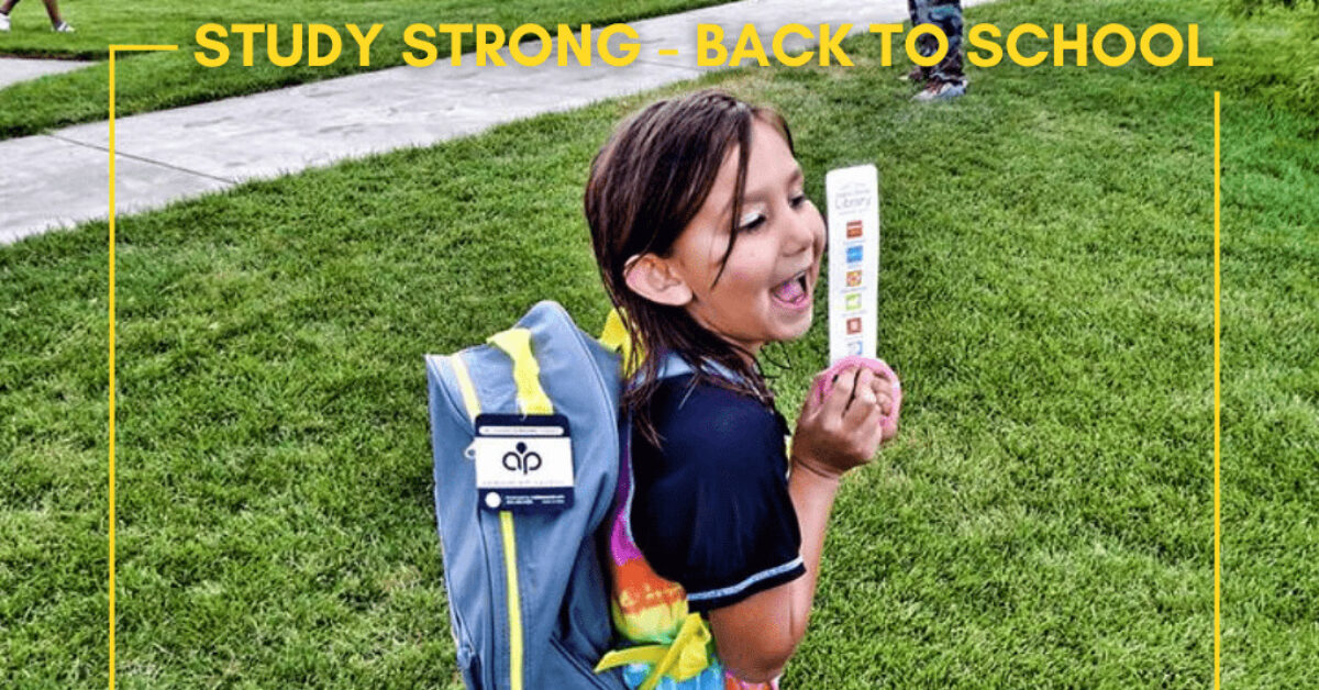 Native American child with a backpack in the 'Study Strong' back-to-school initiative.