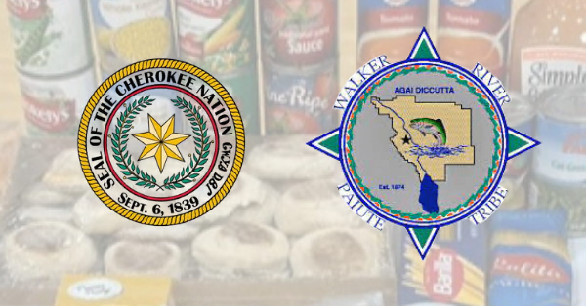 Cherokee Nation and Walker River Paiute Tribe logos over canned food background