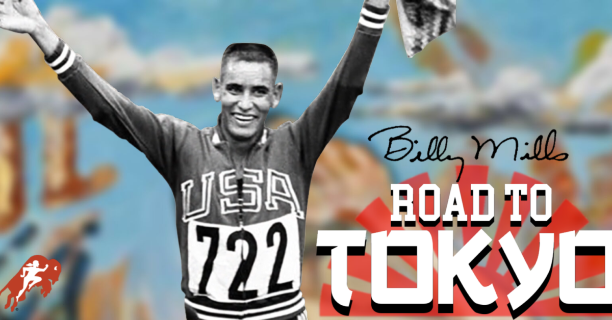 Olympic runner Billy Mills in USA jersey with arms raised